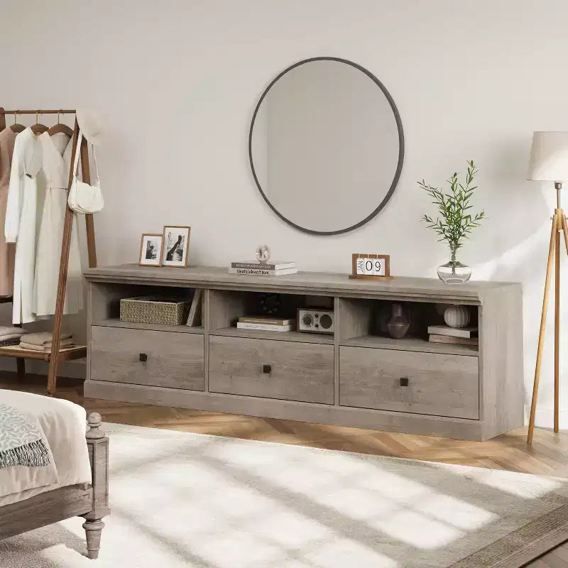 Meuble TV de style Mid-Century avec tiroirs et étagères ouvertes – 70 pouces