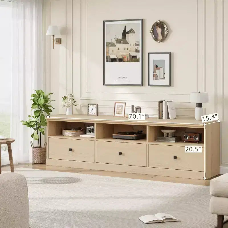 Meuble TV de style Mid-Century avec tiroirs et étagères ouvertes – 70 pouces