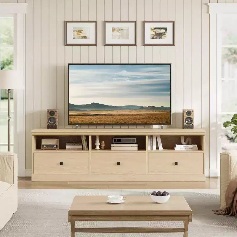 Meuble TV de style Mid-Century avec tiroirs et étagères ouvertes – 70 pouces