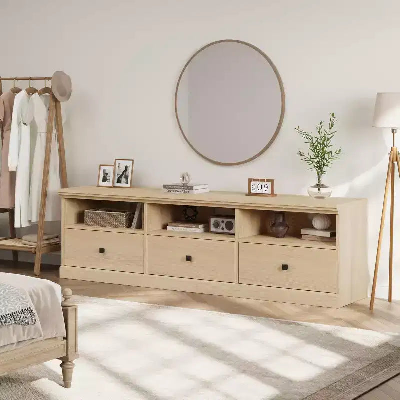 Meuble TV de style Mid-Century avec tiroirs et étagères ouvertes – 70 pouces