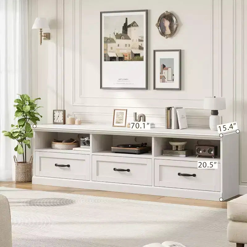Meuble TV de style Mid-Century avec tiroirs et étagères ouvertes – 70 pouces