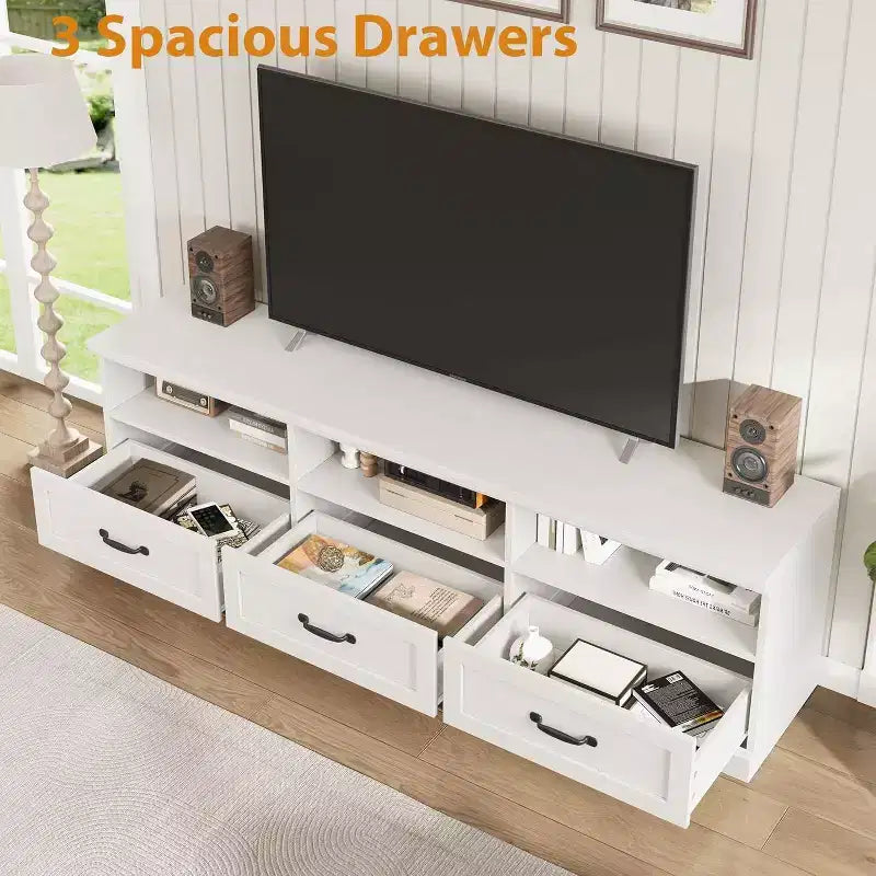 Meuble TV de style Mid-Century avec tiroirs et étagères ouvertes – 70 pouces