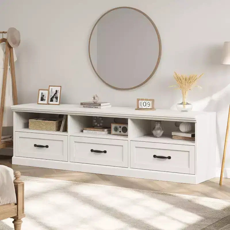 Meuble TV de style Mid-Century avec tiroirs et étagères ouvertes – 70 pouces