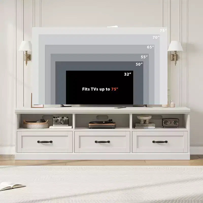 Meuble TV de style Mid-Century avec tiroirs et étagères ouvertes – 70 pouces