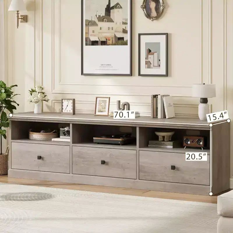 Meuble TV de style Mid-Century avec tiroirs et étagères ouvertes – 70 pouces