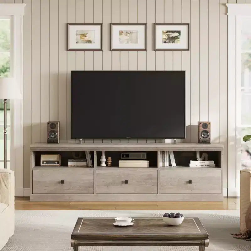 Meuble TV de style Mid-Century avec tiroirs et étagères ouvertes – 70 pouces