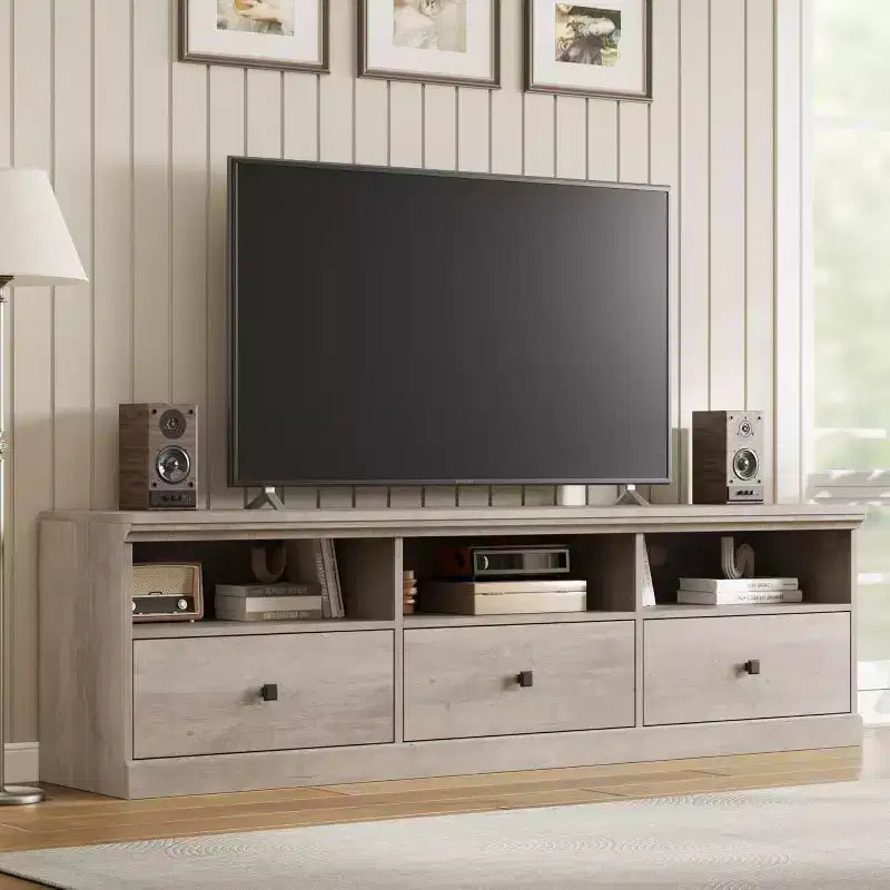 Meuble TV de style Mid-Century avec tiroirs et étagères ouvertes – 70 pouces