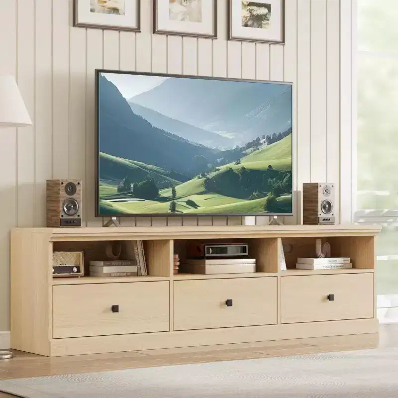 Meuble TV de style Mid-Century avec tiroirs et étagères ouvertes – 70 pouces