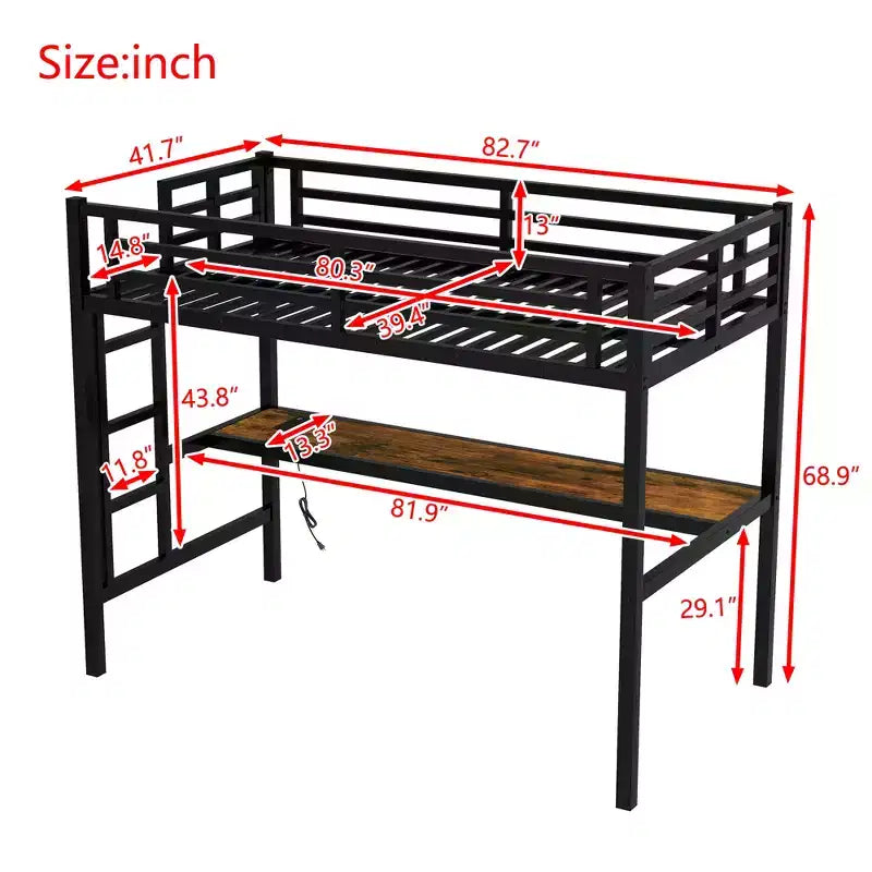 Letto a soppalco Twin XL con scrivania, luci a LED e prese di corrente – Nero