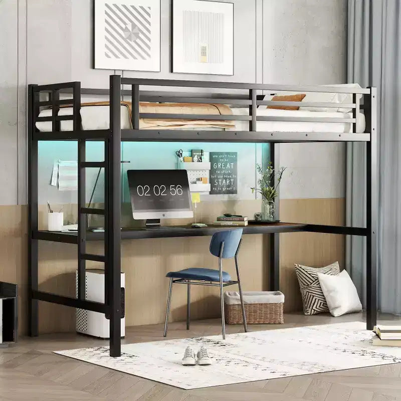 Letto a soppalco Twin XL con scrivania, luci a LED e prese di corrente – Nero