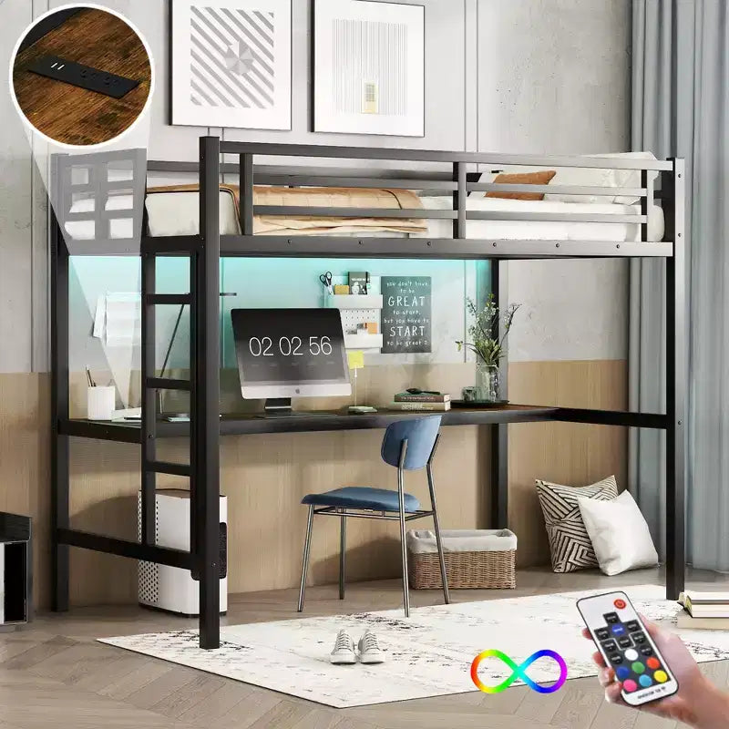 Letto a soppalco Twin XL con scrivania, luci a LED e prese di corrente – Nero
