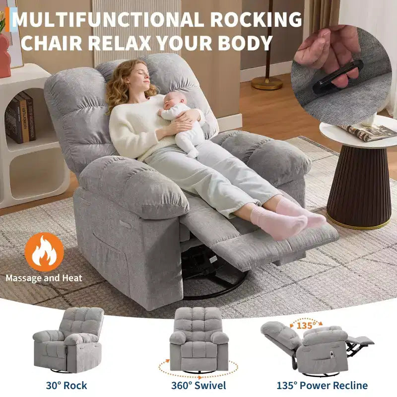 Fauteuil inclinable pivotant et basculant extra-large avec massage et chaleur