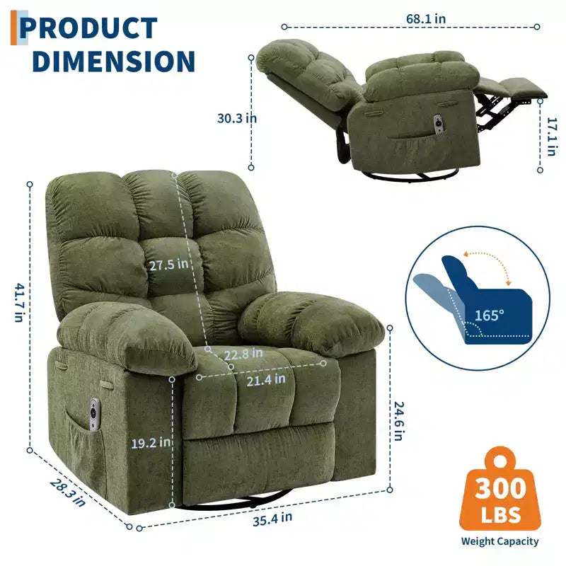 Fauteuil inclinable pivotant et basculant extra-large avec massage et chaleur