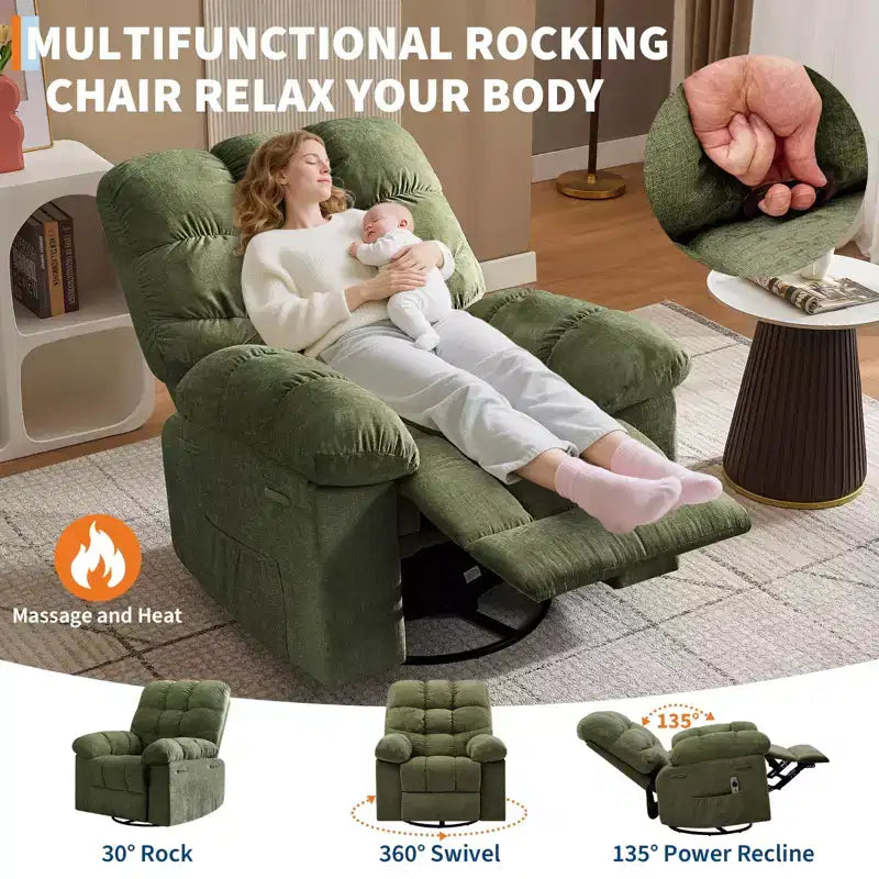 Fauteuil inclinable pivotant et basculant extra-large avec massage et chaleur