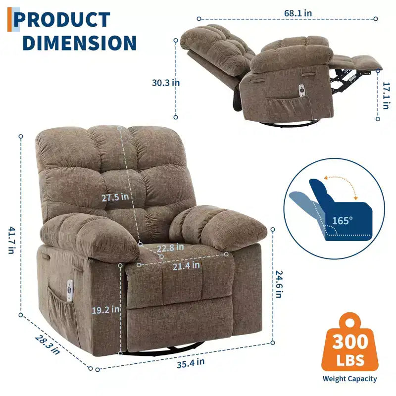 Fauteuil inclinable pivotant et basculant extra-large avec massage et chaleur