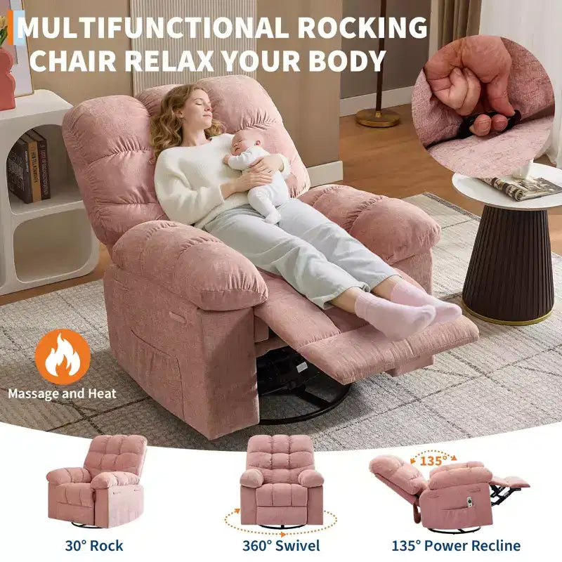 Fauteuil inclinable pivotant et basculant extra-large avec massage et chaleur
