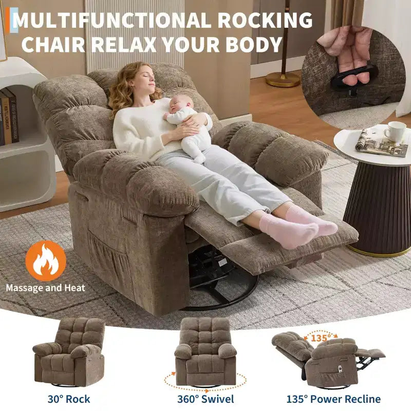Fauteuil inclinable pivotant et basculant extra-large avec massage et chaleur