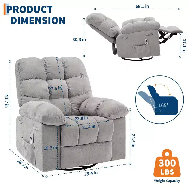 Fauteuil inclinable pivotant et basculant extra-large avec massage et chaleur