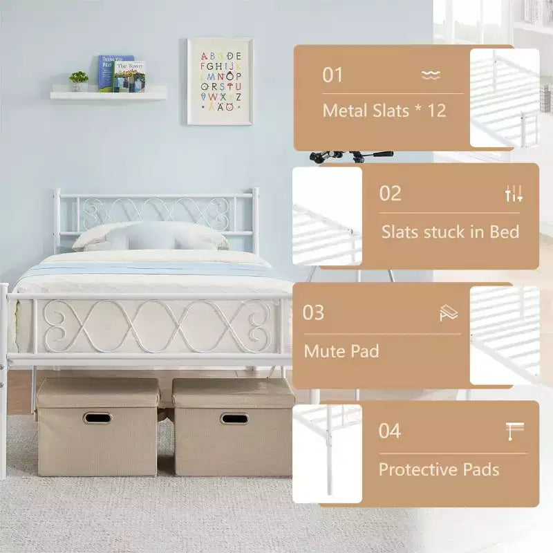 Struttura letto a piattaforma in metallo per letto singolo con testiera e pediera