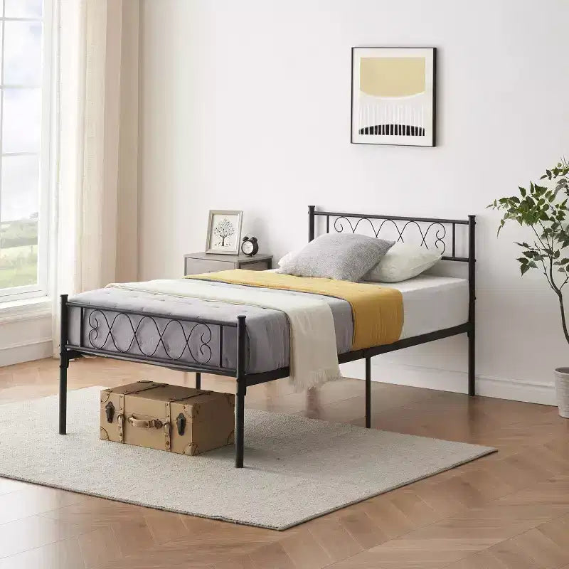 Coolmee Twin Bed Frame, Metal Platform Bed with Headboard and Footboard, 12.2 Inch Bed Frame with Strong Metal Slats Support, Under Bed Storage