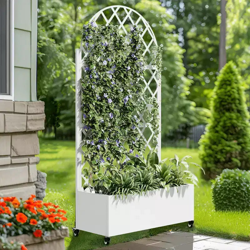 MAYEERTY Planter Box with Trellis Iron White Arch Louvered Classic Style 72x35x16in 3-Piece Set