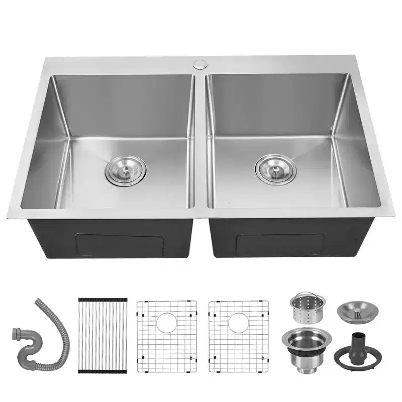 Kitchen Sink, Stainless Steel Sink - 33x22 Inch 50/50 Double Basin, 16 Gauge T-304 Topmount/Undermount Workstation with Strainers & Accessories