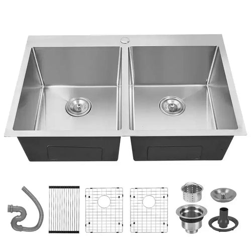Kitchen Sink, Stainless Steel Sink - 33x22 Inch 50/50 Double Basin, 16 Gauge T-304 Topmount/Undermount Workstation with Strainers & Accessories