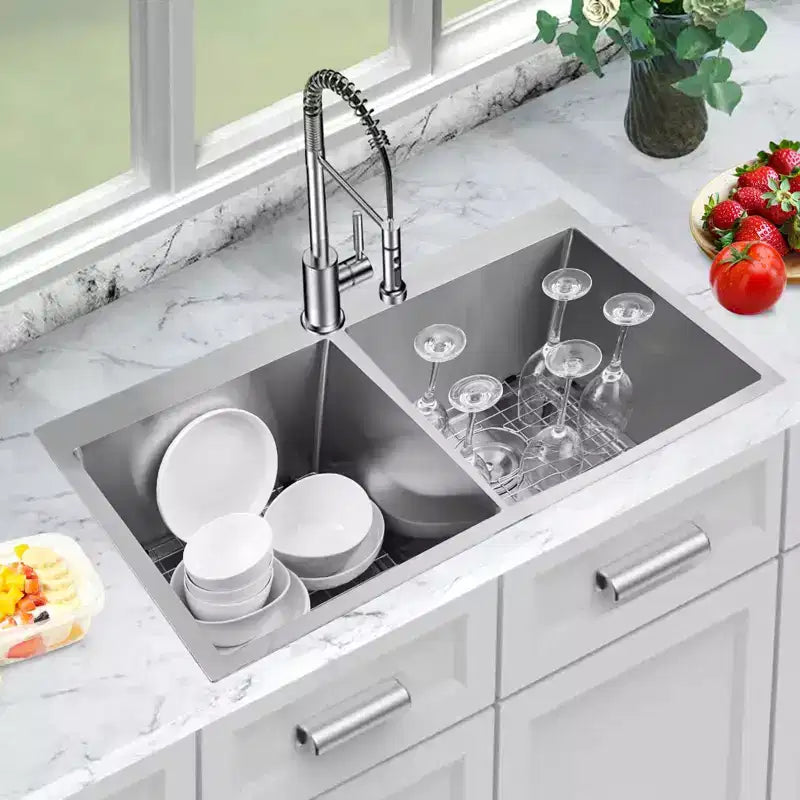 Lavello da cucina a doppia vasca in acciaio inossidabile da 33 pollici – 50/50 da appoggio e da incasso, calibro 16 T-304