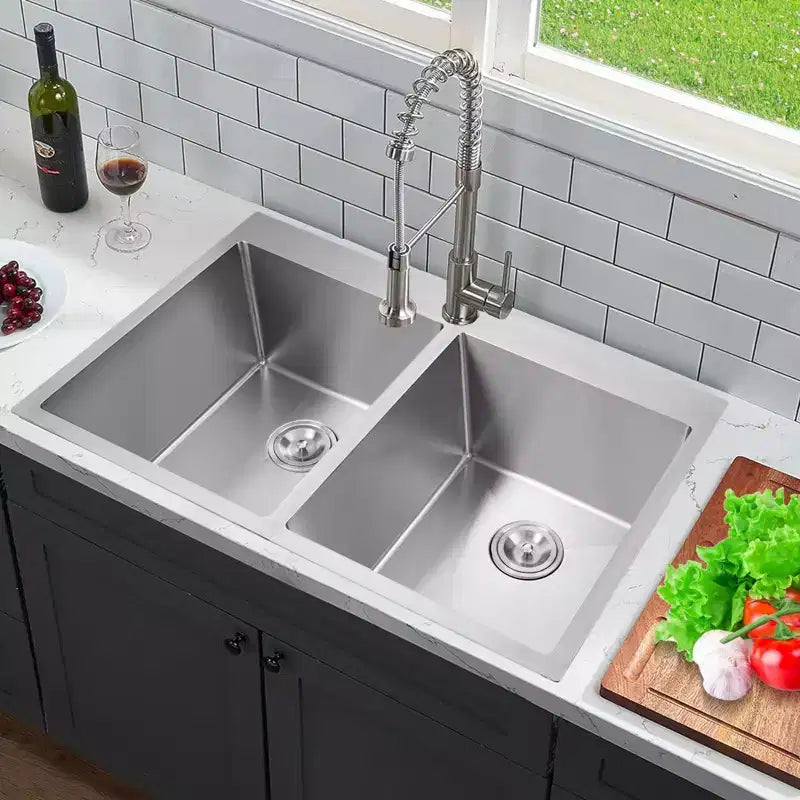Lavello da cucina a doppia vasca in acciaio inossidabile da 33 pollici – 50/50 da appoggio e da incasso, calibro 16 T-304