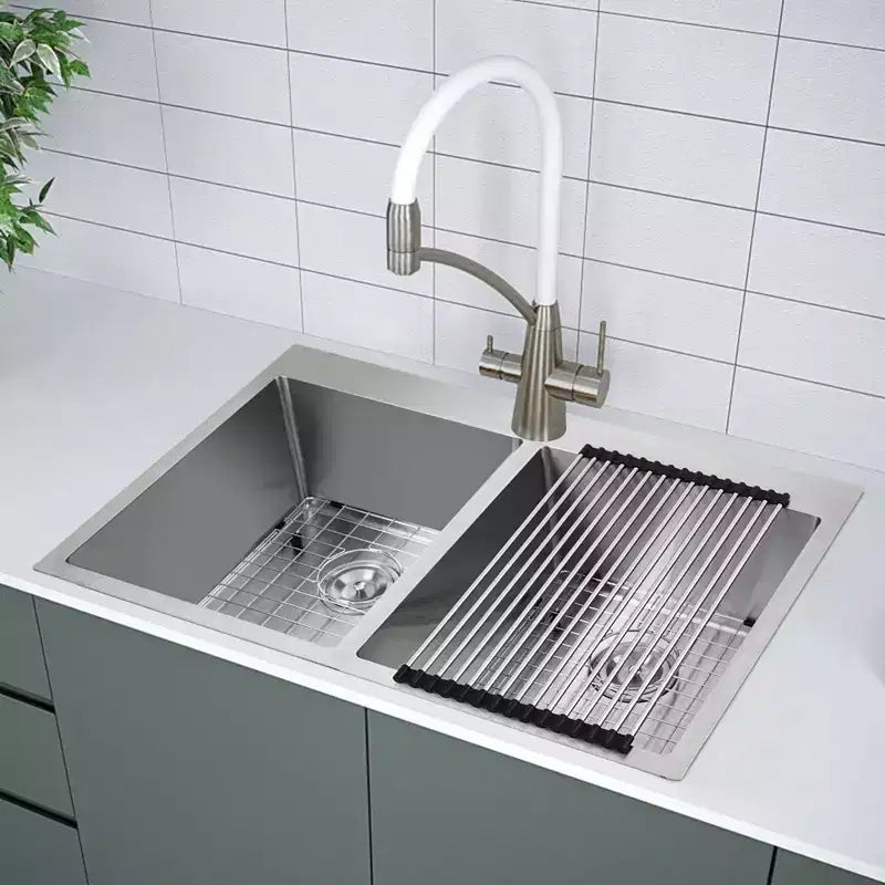 Lavello da cucina a doppia vasca in acciaio inossidabile da 33 pollici – 50/50 da appoggio e da incasso, calibro 16 T-304