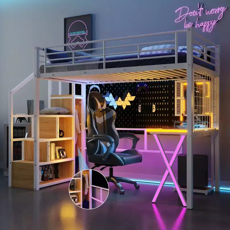 Full Size Metal Loft Bed with Desk and Wardrobe, Heavy Duty Loft Bed Frame Storage Staircase and LED