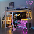 Full Size Metal Loft Bed with Desk and Wardrobe, Heavy Duty Loft Bed Frame Storage Staircase and LED