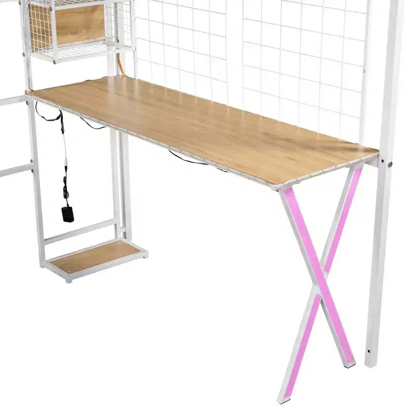 Letto a soppalco in metallo con scrivania, armadio e illuminazione a LED