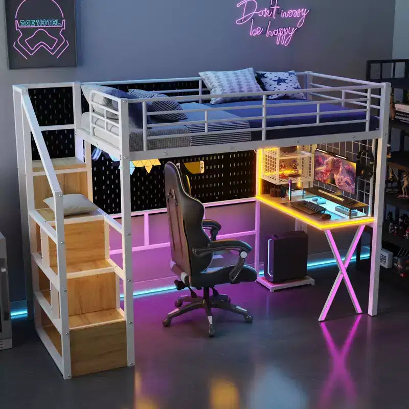 Letto a soppalco in metallo con scrivania, armadio e illuminazione a LED