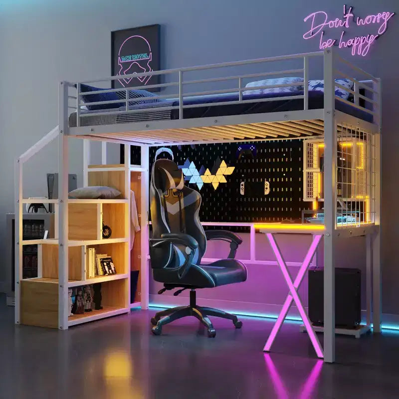 Letto a soppalco in metallo con scrivania, armadio e illuminazione a LED