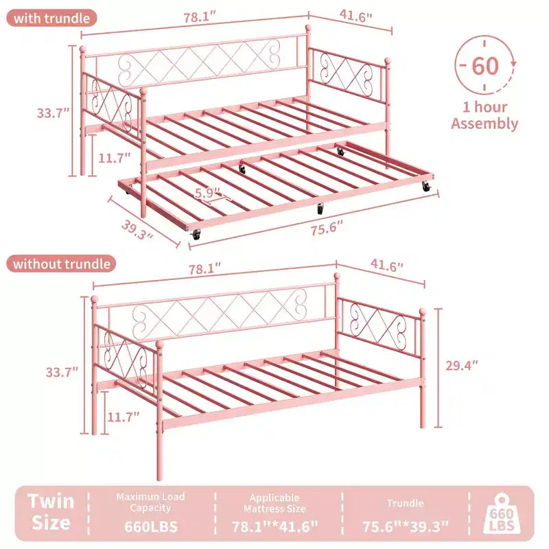 Lit de repos simple avec lit gigogne – Cadre en métal, pas besoin de sommier tapissier