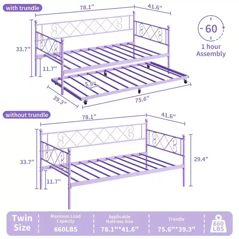 Lit de repos simple avec lit gigogne – Cadre en métal, pas besoin de sommier tapissier
