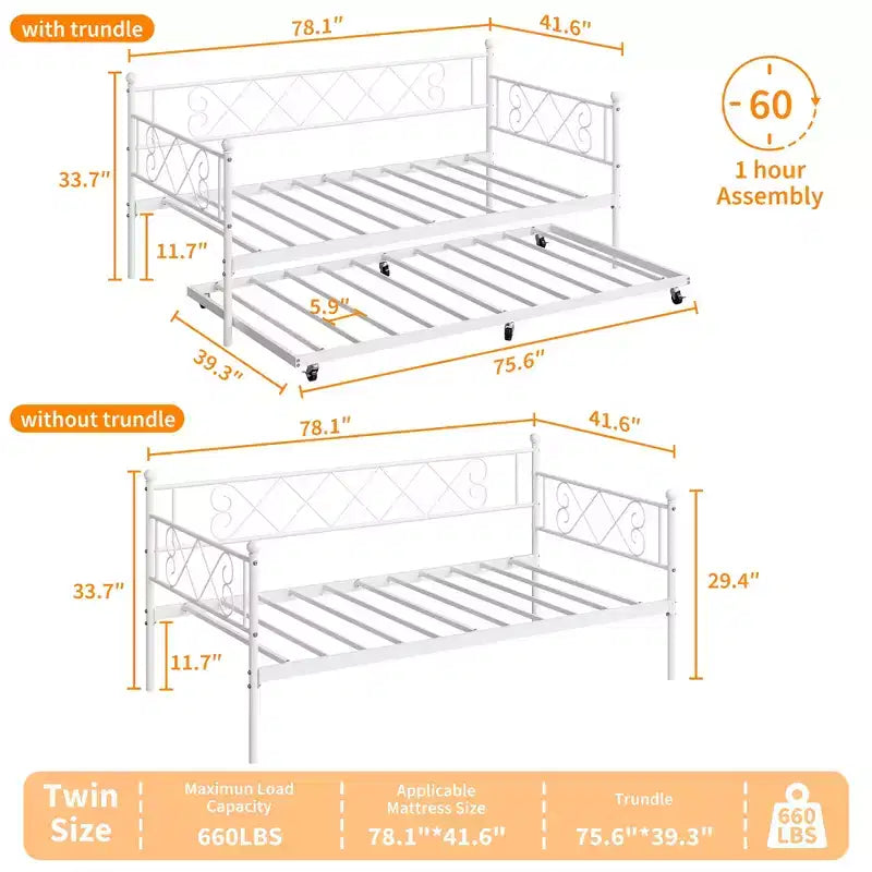 Lit de repos simple avec lit gigogne – Cadre en métal, pas besoin de sommier tapissier
