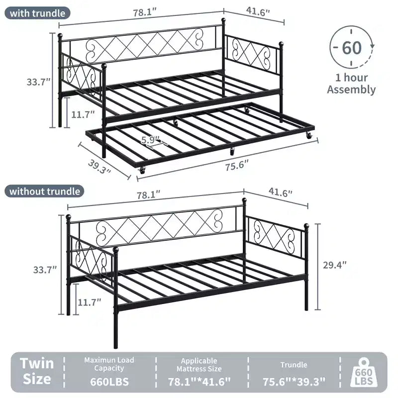 Lit de repos simple avec lit gigogne – Cadre en métal, pas besoin de sommier tapissier