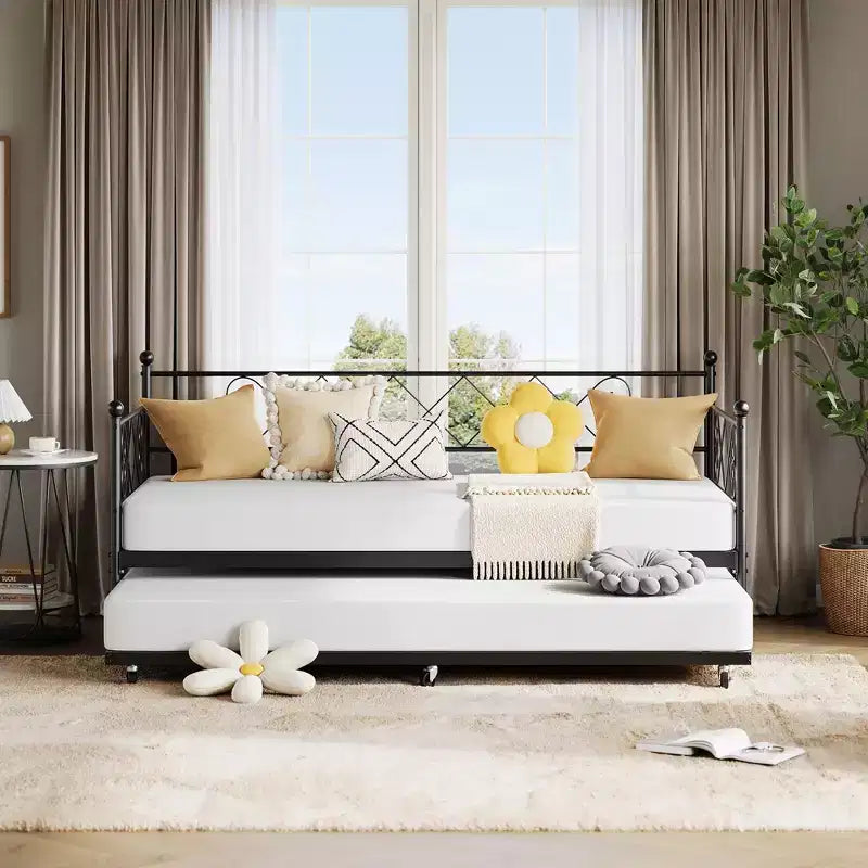 Twin Size Daybed with Trundle, Heavy Duty Metal Bed Frame, Twin Size Metal Sofa Bed for Living Room Guest Room, No Box Spring Needed, Easy Assembly