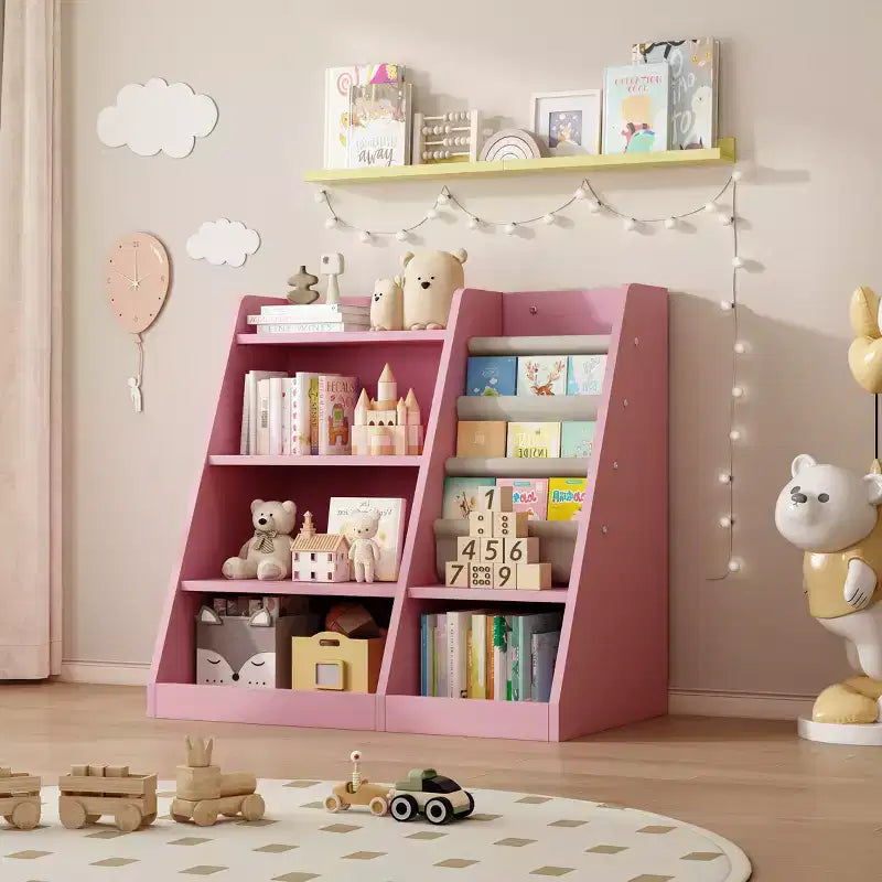 Pink Wooden Toy Storage Organizer Cabinet Kids Bookshelf Children Bookcase Toddler Baby Sling Book Rack Shelf for Playroom Bedroom