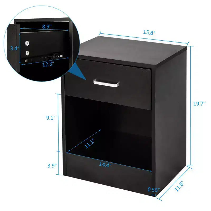Comodino nero a 1 cassetto, set da 2