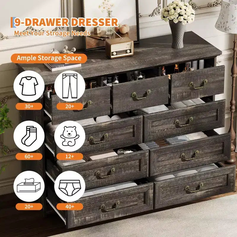 Commode de ferme à 9 tiroirs avec finition en bois vieilli
