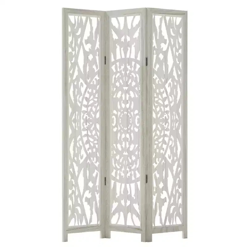 Divisorio in legno intagliato floreale – Paravento pieghevole a 3 pannelli, bianco