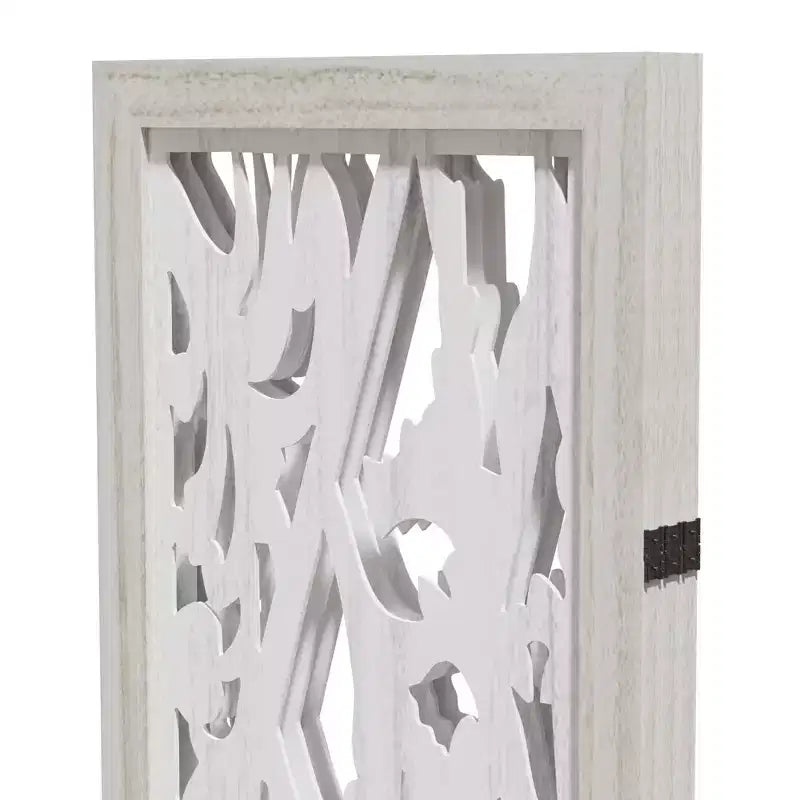 Divisorio in legno intagliato floreale – Paravento pieghevole a 3 pannelli, bianco