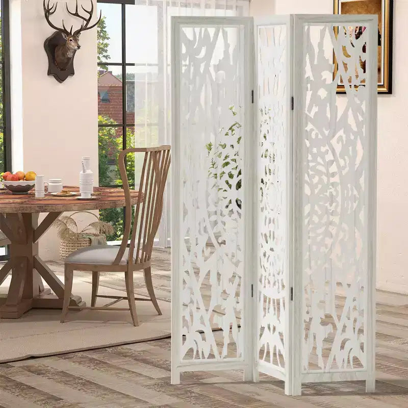 Divisorio in legno intagliato floreale – Paravento pieghevole a 3 pannelli, bianco