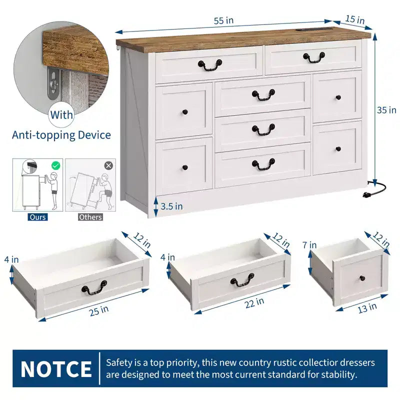 Commode à 9 tiroirs avec poignées métalliques – Cadre en bois, Rangement polyvalent