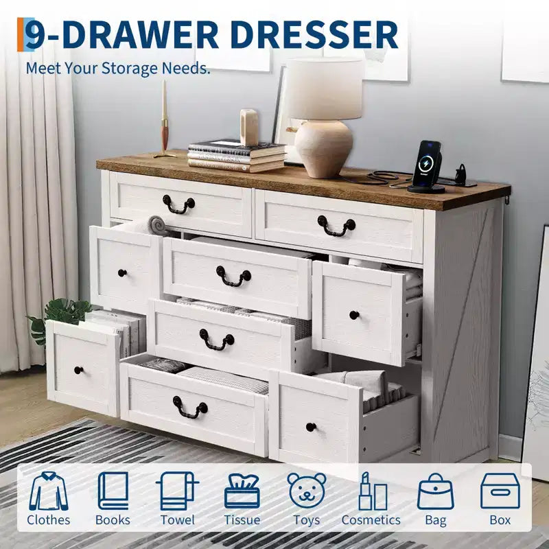 Commode à 9 tiroirs avec poignées métalliques – Cadre en bois, Rangement polyvalent