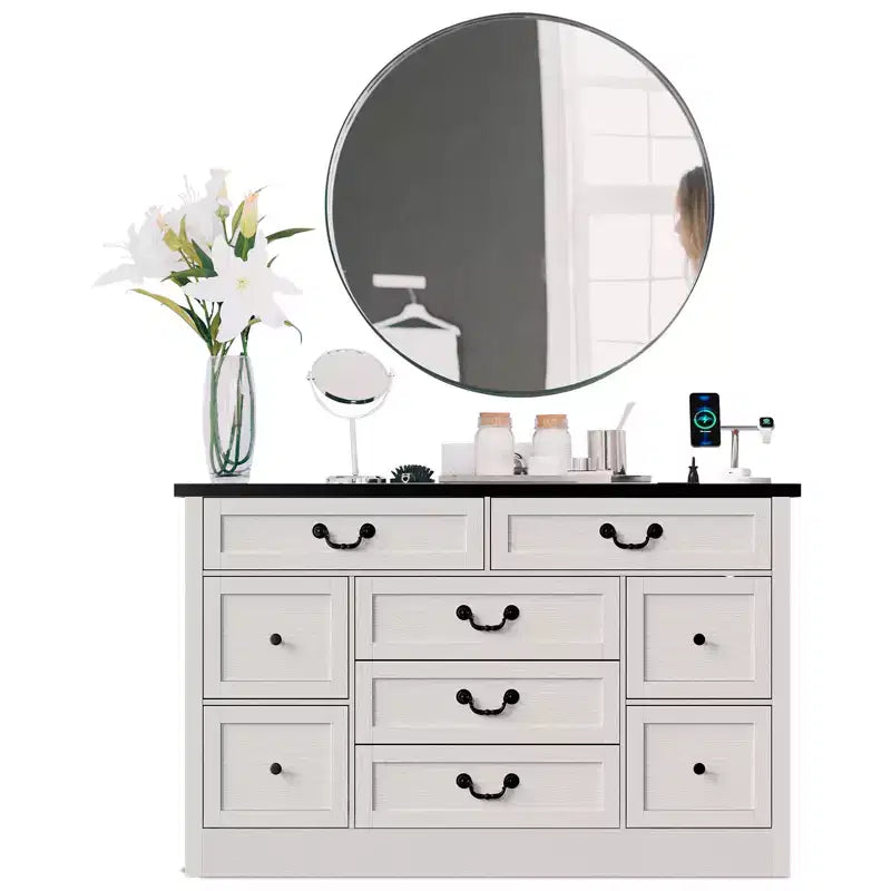 Commode à 9 tiroirs avec poignées métalliques – Cadre en bois, Rangement polyvalent