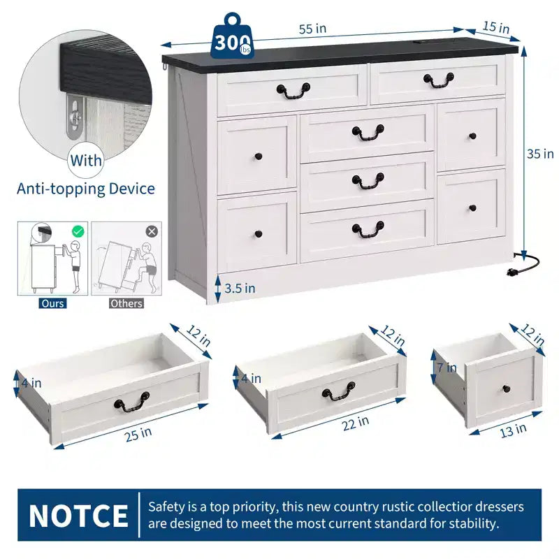 Commode à 9 tiroirs avec poignées métalliques – Cadre en bois, Rangement polyvalent